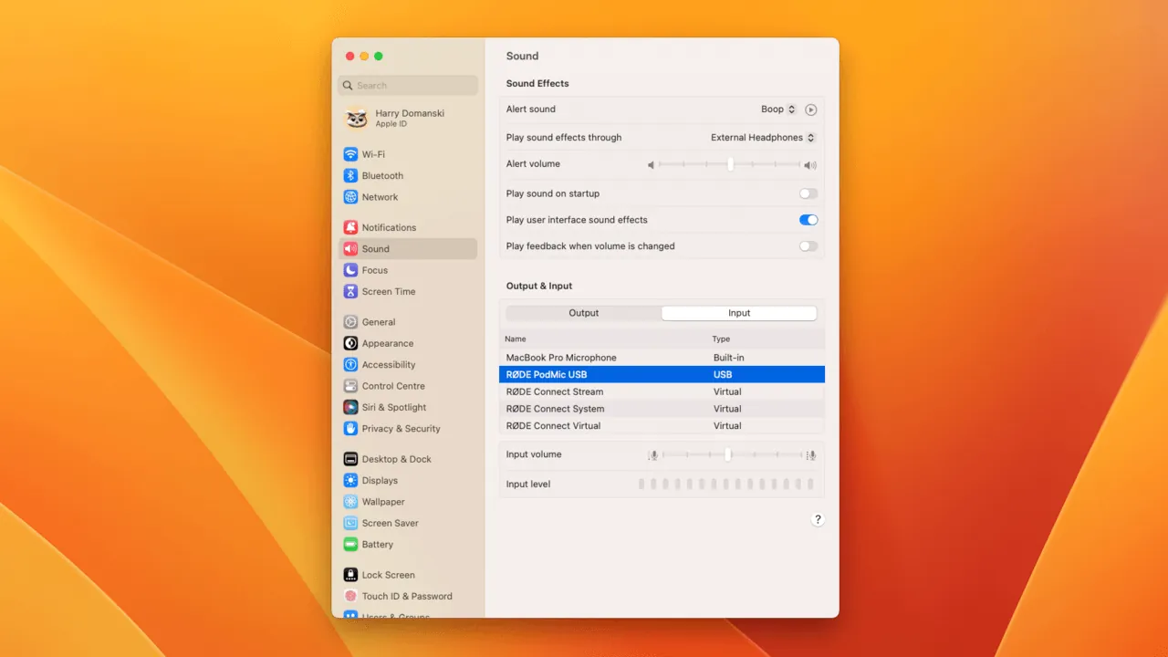 System sound settings with RØDE PodMic USB selected as the USB input