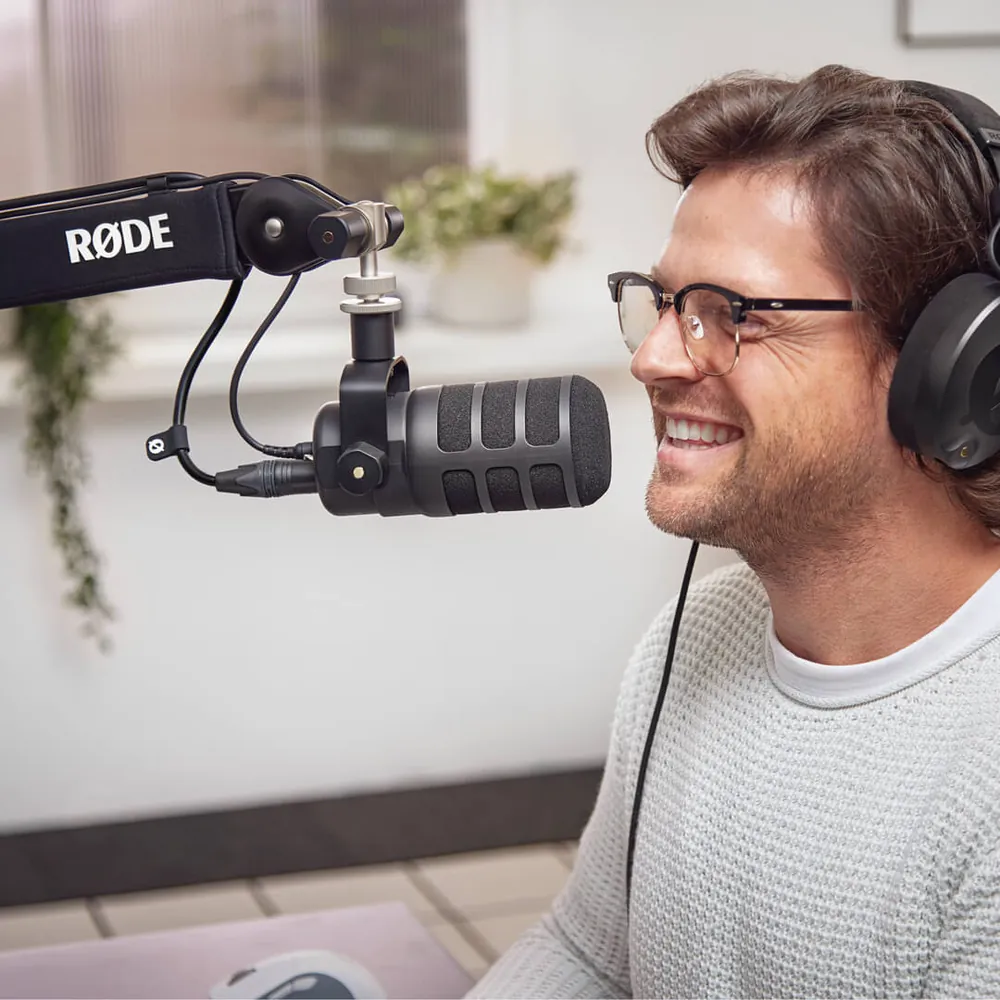 PodMic USB in black, mid-recording