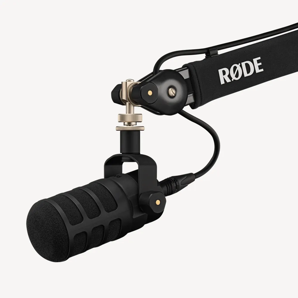 PodMic USB with a windshield mounted on a broadcast boom arm